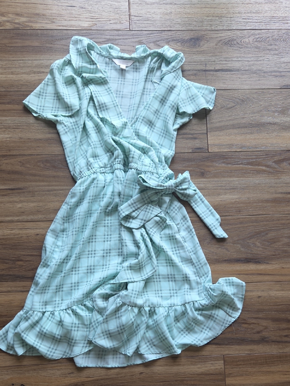 LC Lauren Conrad Mint Green Plaid Ruffle Wrap Mini Dress